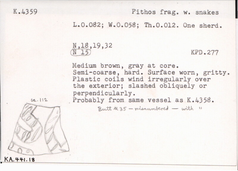 Index card with typed and handwritten information, sometimes including a sketch, of pottery from an excavation.