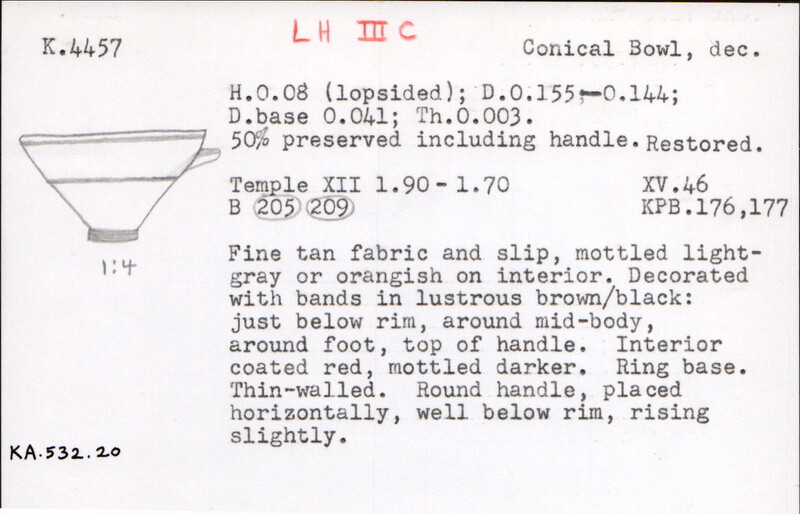 Index card with typed and handwritten information, sometimes including a sketch, of pottery from an excavation.