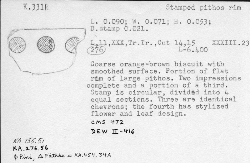 Index card with typed and handwritten information, sometimes including a sketch, of pottery from an excavation.