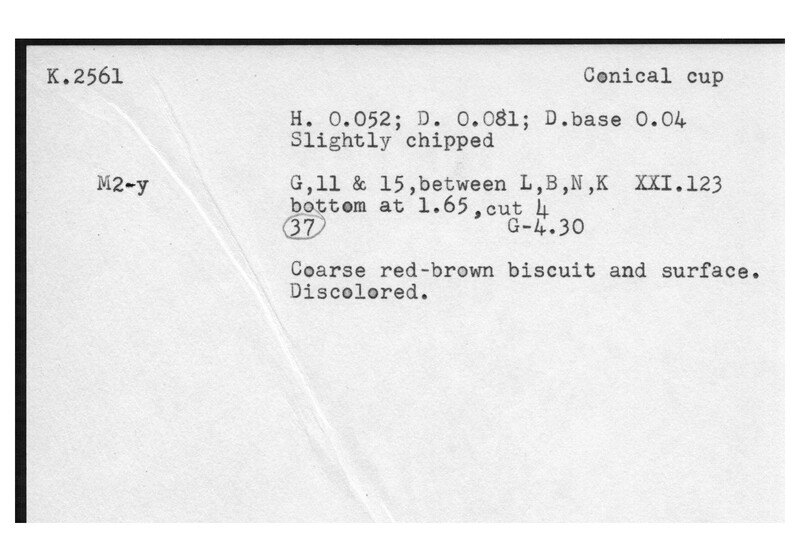 Index card with typed and handwritten information, sometimes including a sketch, of pottery from an excavation.
