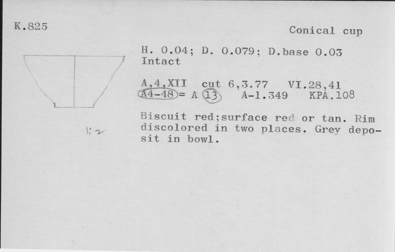 Index card with typed and handwritten information, sometimes including a sketch, of pottery from an excavation.