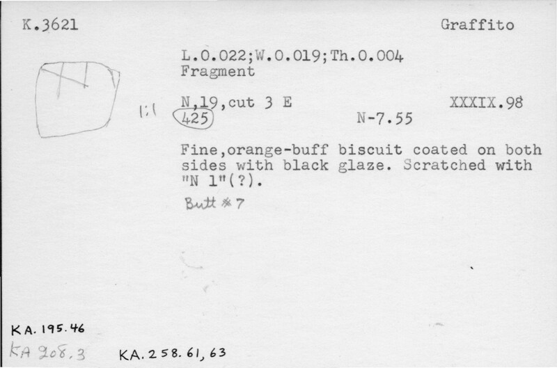 Index card with typed and handwritten information, sometimes including a sketch, of pottery from an excavation.