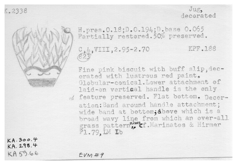 Index card with typed and handwritten information, sometimes including a sketch, of pottery from an excavation.