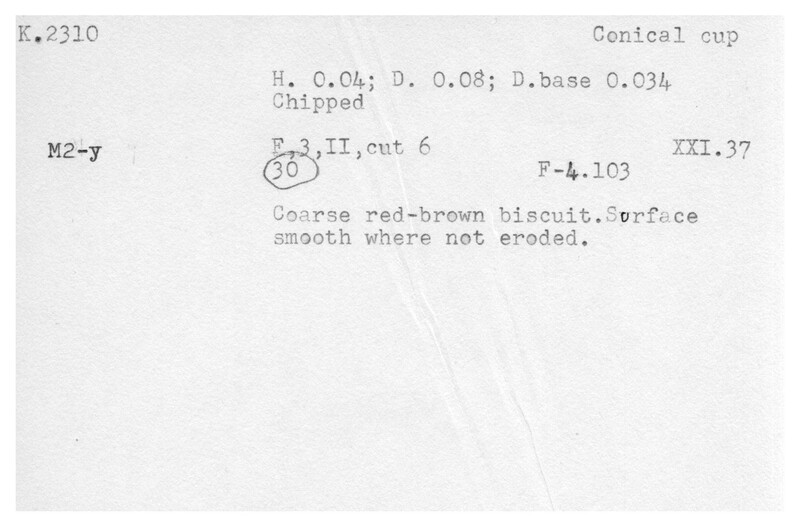 Index card with typed and handwritten information, sometimes including a sketch, of pottery from an excavation.