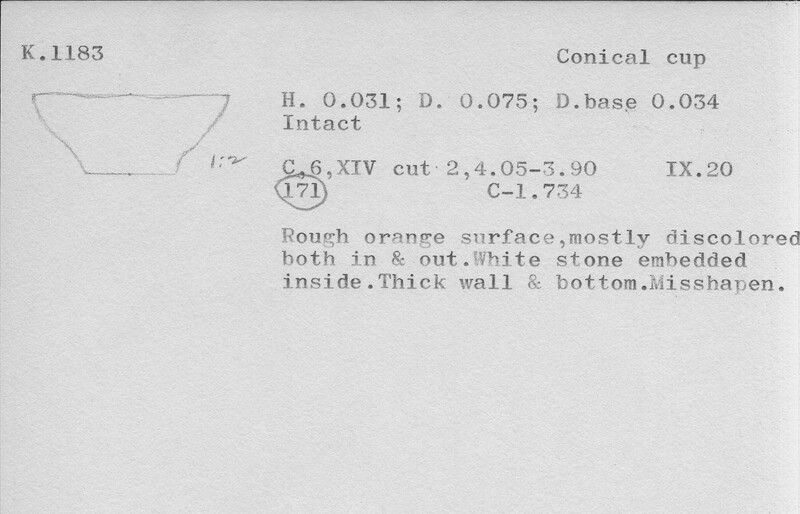 Index card with typed and handwritten information, sometimes including a sketch, of pottery from an excavation.