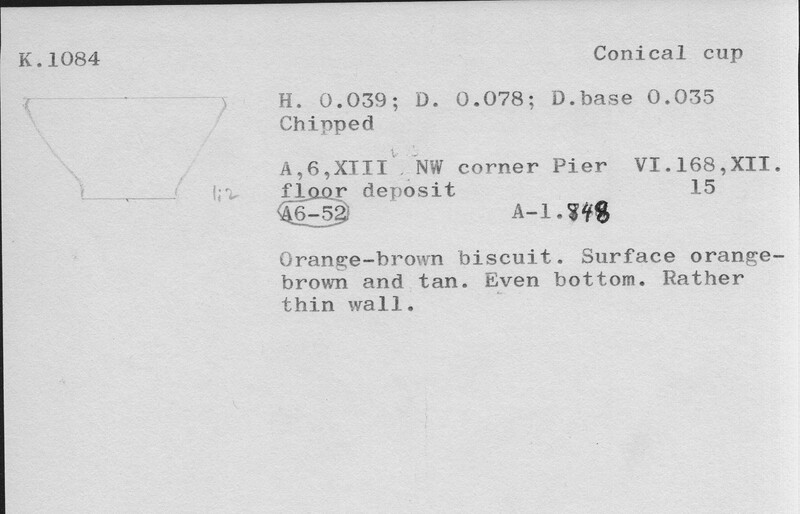 Index card with typed and handwritten information, sometimes including a sketch, of pottery from an excavation.