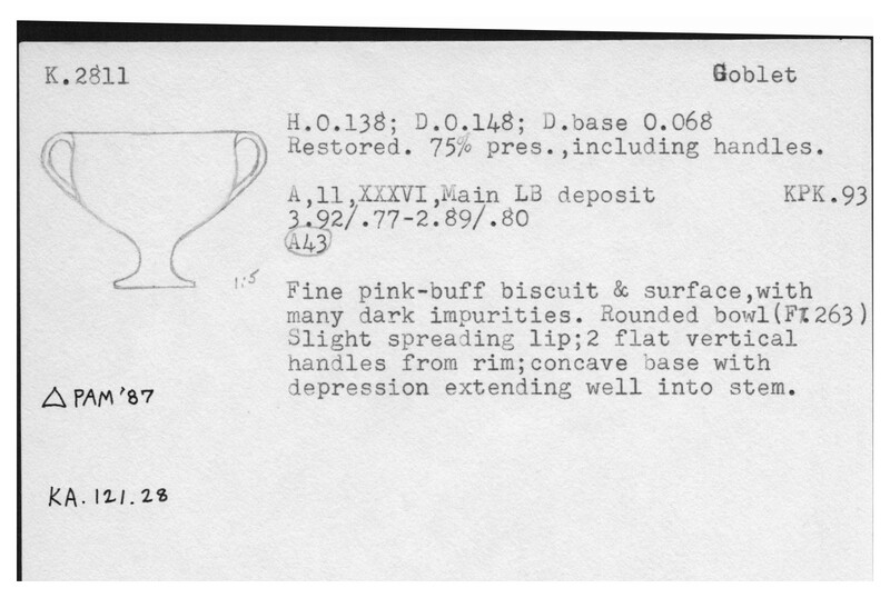 Index card with typed and handwritten information, sometimes including a sketch, of pottery from an excavation.