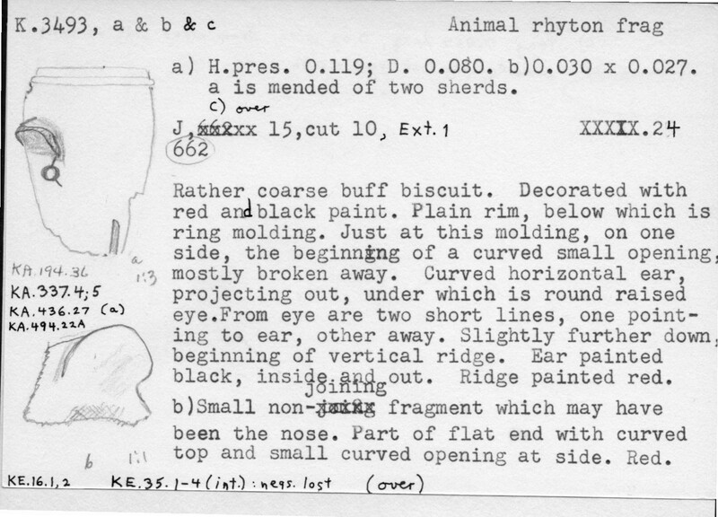 Index card with typed and handwritten information, sometimes including a sketch, of pottery from an excavation.