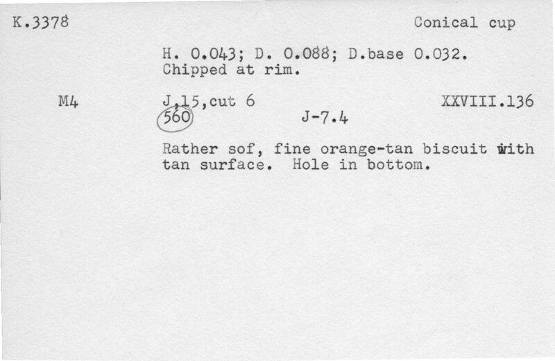 Index card with typed and handwritten information, sometimes including a sketch, of pottery from an excavation.