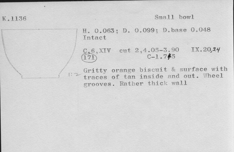 Index card with typed and handwritten information, sometimes including a sketch, of pottery from an excavation.