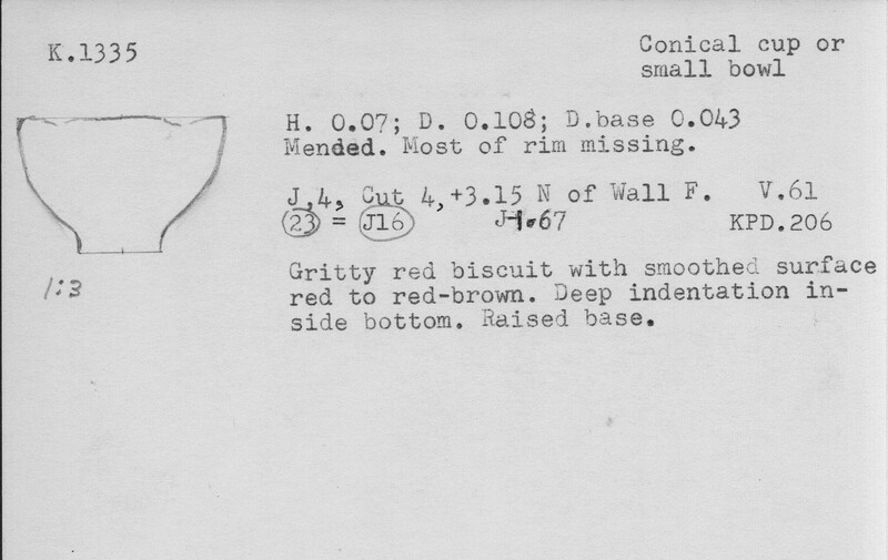 Index card with typed and handwritten information, sometimes including a sketch, of pottery from an excavation.