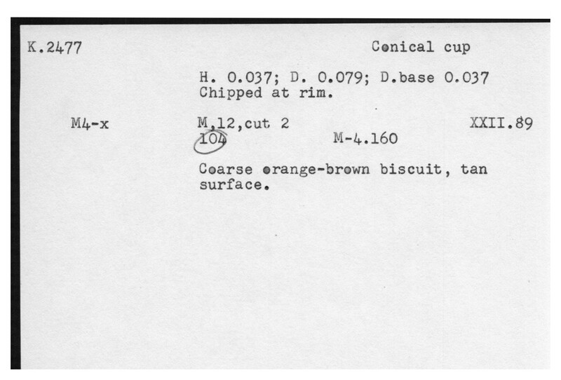 Index card with typed and handwritten information, sometimes including a sketch, of pottery from an excavation.