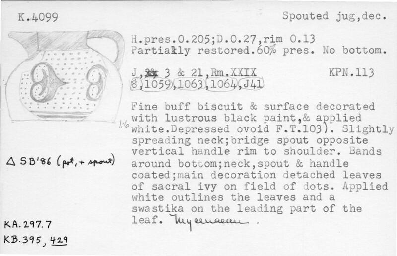 Index card with typed and handwritten information, sometimes including a sketch, of pottery from an excavation.