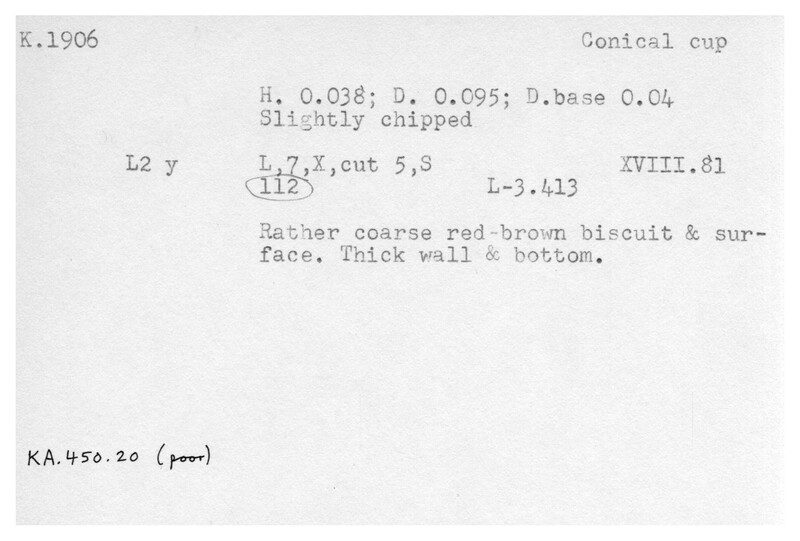 Index card with typed and handwritten information, sometimes including a sketch, of pottery from an excavation.