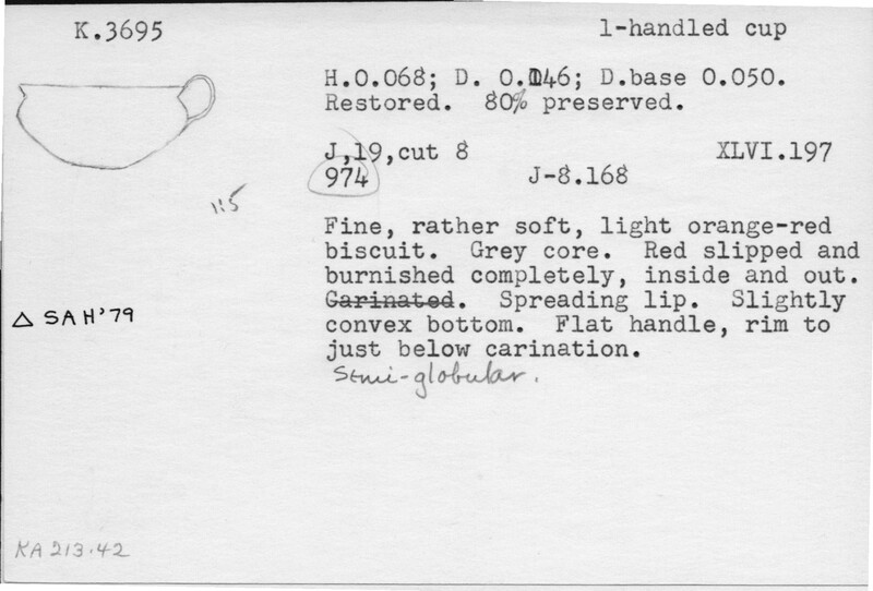 Index card with typed and handwritten information, sometimes including a sketch, of pottery from an excavation.