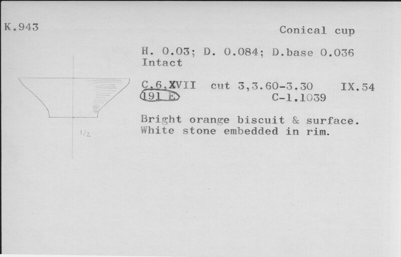 Index card with typed and handwritten information, sometimes including a sketch, of pottery from an excavation.