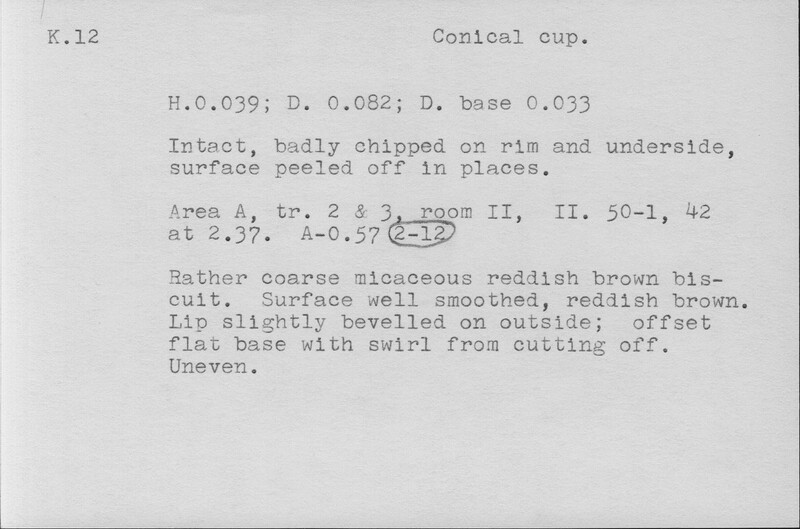 Index card with typed and handwritten information, sometimes including a sketch, of pottery from an excavation.
