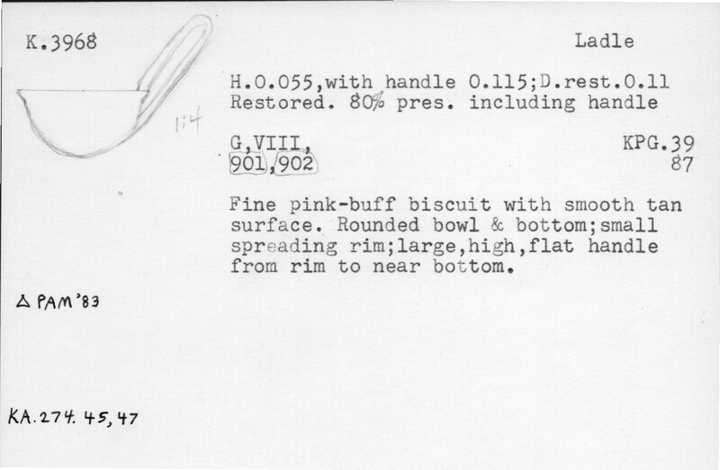 Index card with typed and handwritten information, sometimes including a sketch, of pottery from an excavation.
