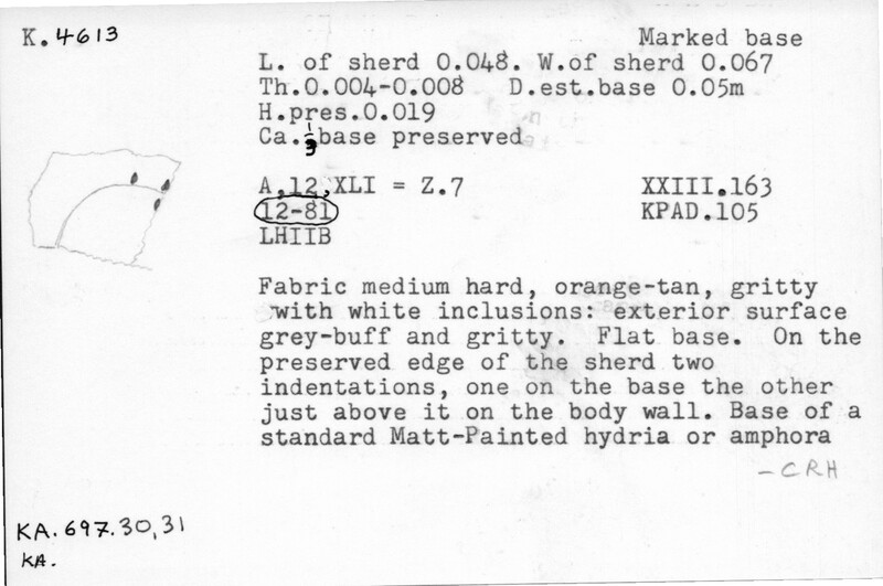 Index card with typed and handwritten information, sometimes including a sketch, of pottery from an excavation.