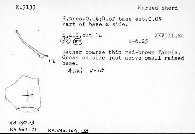 Index card with typed and handwritten information, sometimes including a sketch, of pottery from an excavation.