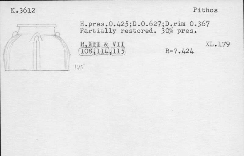 Index card with typed and handwritten information, sometimes including a sketch, of pottery from an excavation.