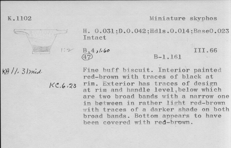 Index card with typed and handwritten information, sometimes including a sketch, of pottery from an excavation.