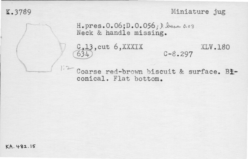 Index card with typed and handwritten information, sometimes including a sketch, of pottery from an excavation.