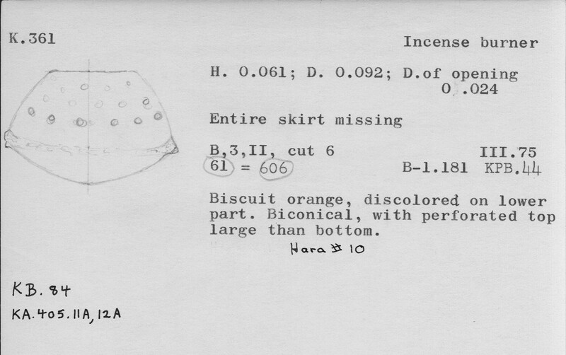 Index card with typed and handwritten information, sometimes including a sketch, of pottery from an excavation.