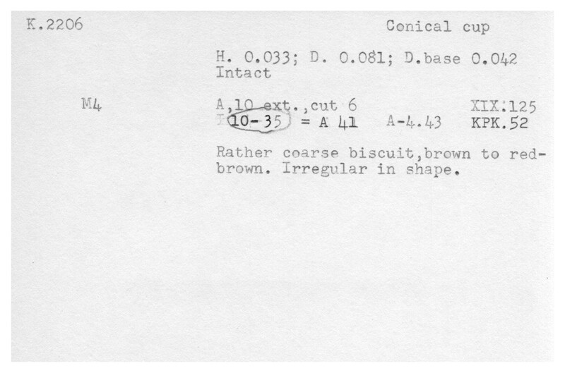 Index card with typed and handwritten information, sometimes including a sketch, of pottery from an excavation.