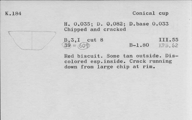 Index card with typed and handwritten information, sometimes including a sketch, of pottery from an excavation.