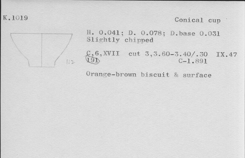 Index card with typed and handwritten information, sometimes including a sketch, of pottery from an excavation.
