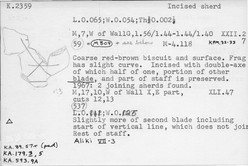 Index card with typed and handwritten information, sometimes including a sketch, of pottery from an excavation.