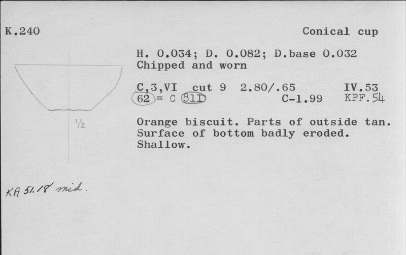 Index card with typed and handwritten information, sometimes including a sketch, of pottery from an excavation.