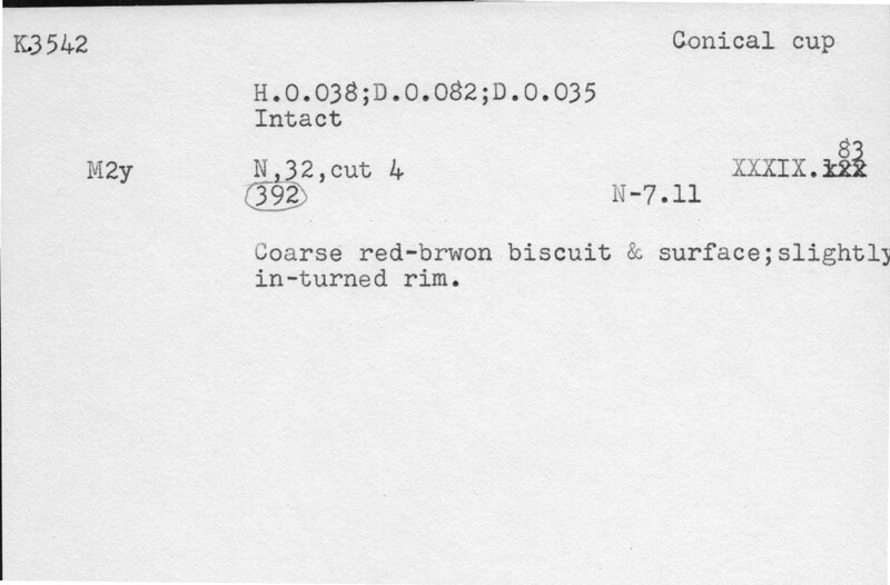 Index card with typed and handwritten information, sometimes including a sketch, of pottery from an excavation.