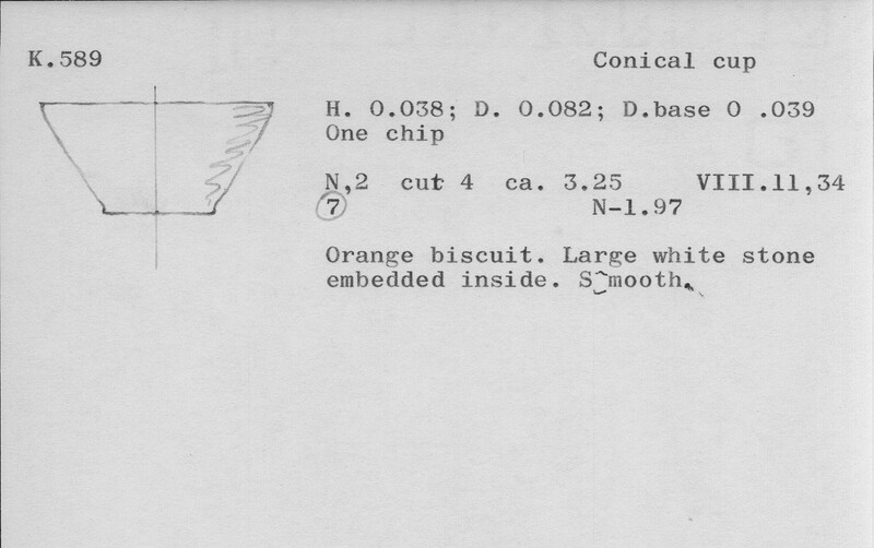Index card with typed and handwritten information, sometimes including a sketch, of pottery from an excavation.