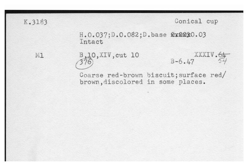 Index card with typed and handwritten information, sometimes including a sketch, of pottery from an excavation.