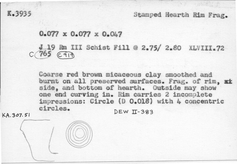 Index card with typed and handwritten information, sometimes including a sketch, of pottery from an excavation.