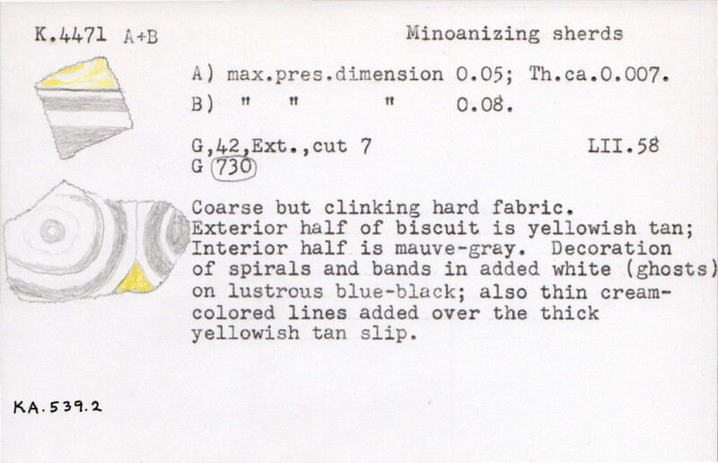 Index card with typed and handwritten information, sometimes including a sketch, of pottery from an excavation.