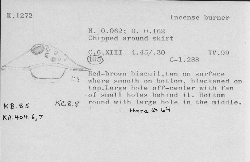 Index card with typed and handwritten information, sometimes including a sketch, of pottery from an excavation.