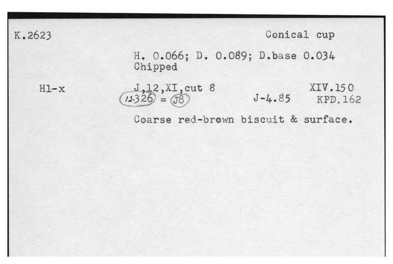 Index card with typed and handwritten information, sometimes including a sketch, of pottery from an excavation.