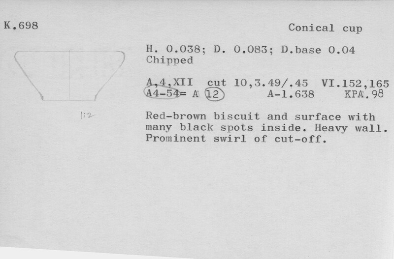 Index card with typed and handwritten information, sometimes including a sketch, of pottery from an excavation.
