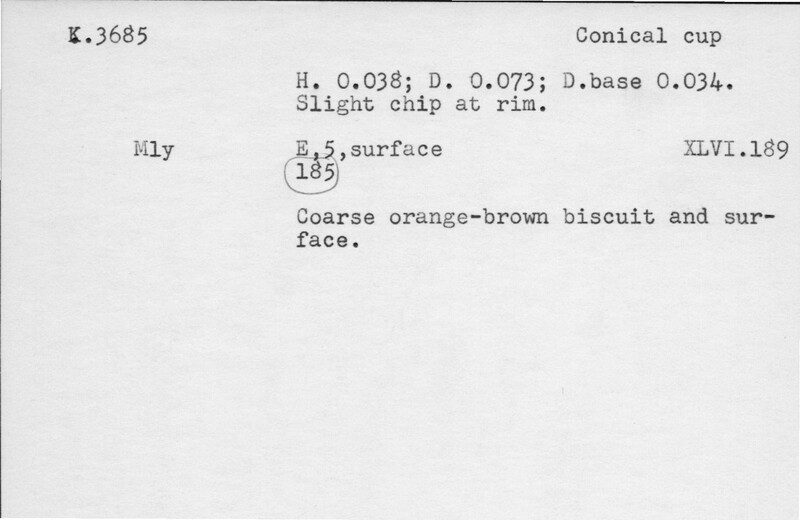 Index card with typed and handwritten information, sometimes including a sketch, of pottery from an excavation.