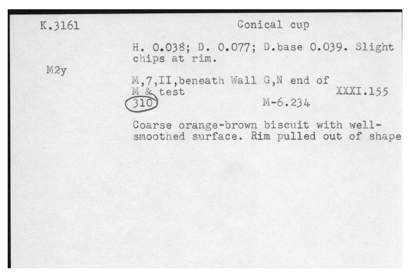 Index card with typed and handwritten information, sometimes including a sketch, of pottery from an excavation.