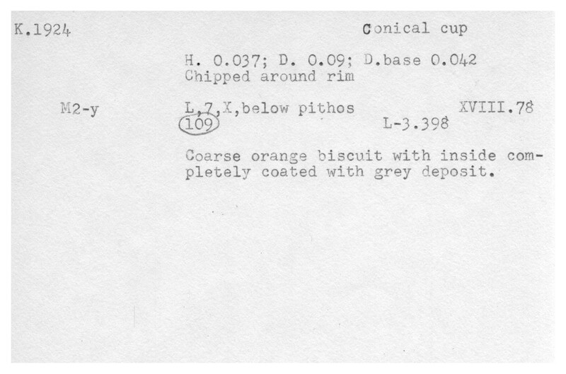 Index card with typed and handwritten information, sometimes including a sketch, of pottery from an excavation.
