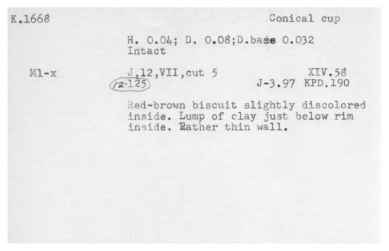 Index card with typed and handwritten information, sometimes including a sketch, of pottery from an excavation.