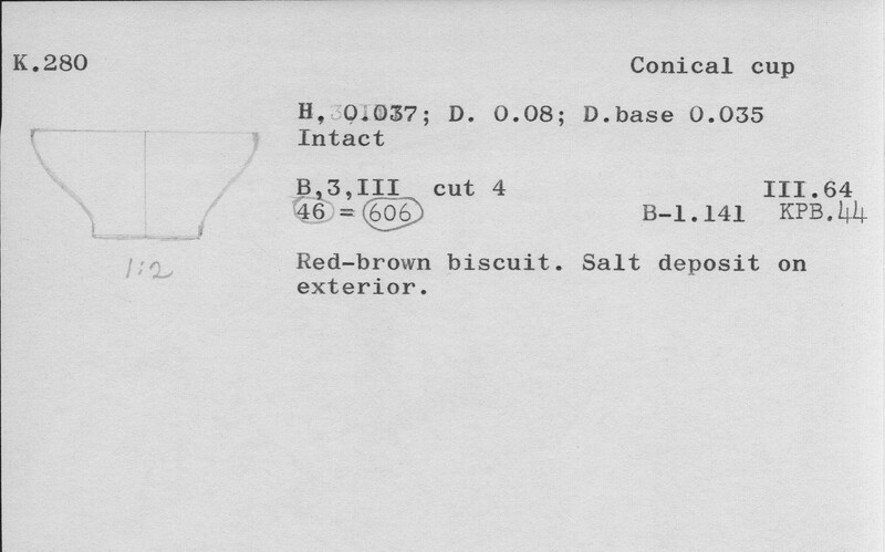 Index card with typed and handwritten information, sometimes including a sketch, of pottery from an excavation.