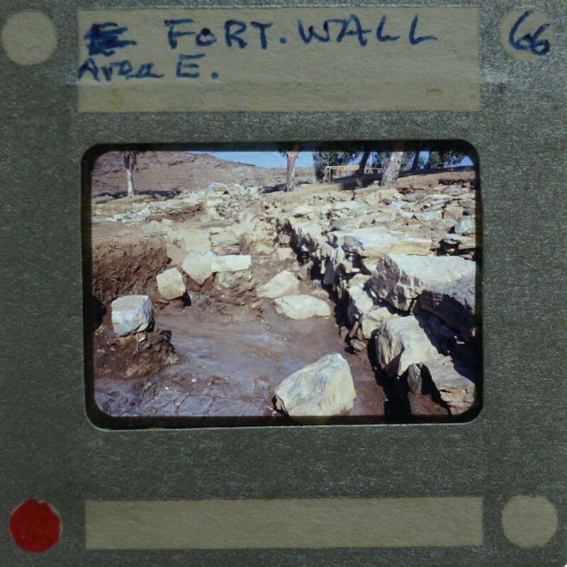 A photograph of a stone wall with vegetation, displayed on an old film strip.