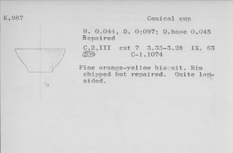 Index card with typed and handwritten information, sometimes including a sketch, of pottery from an excavation.