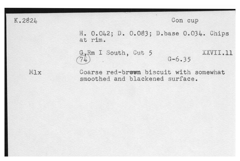 Index card with typed and handwritten information, sometimes including a sketch, of pottery from an excavation.