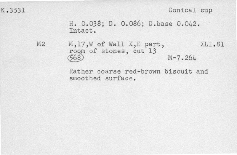 Index card with typed and handwritten information, sometimes including a sketch, of pottery from an excavation.